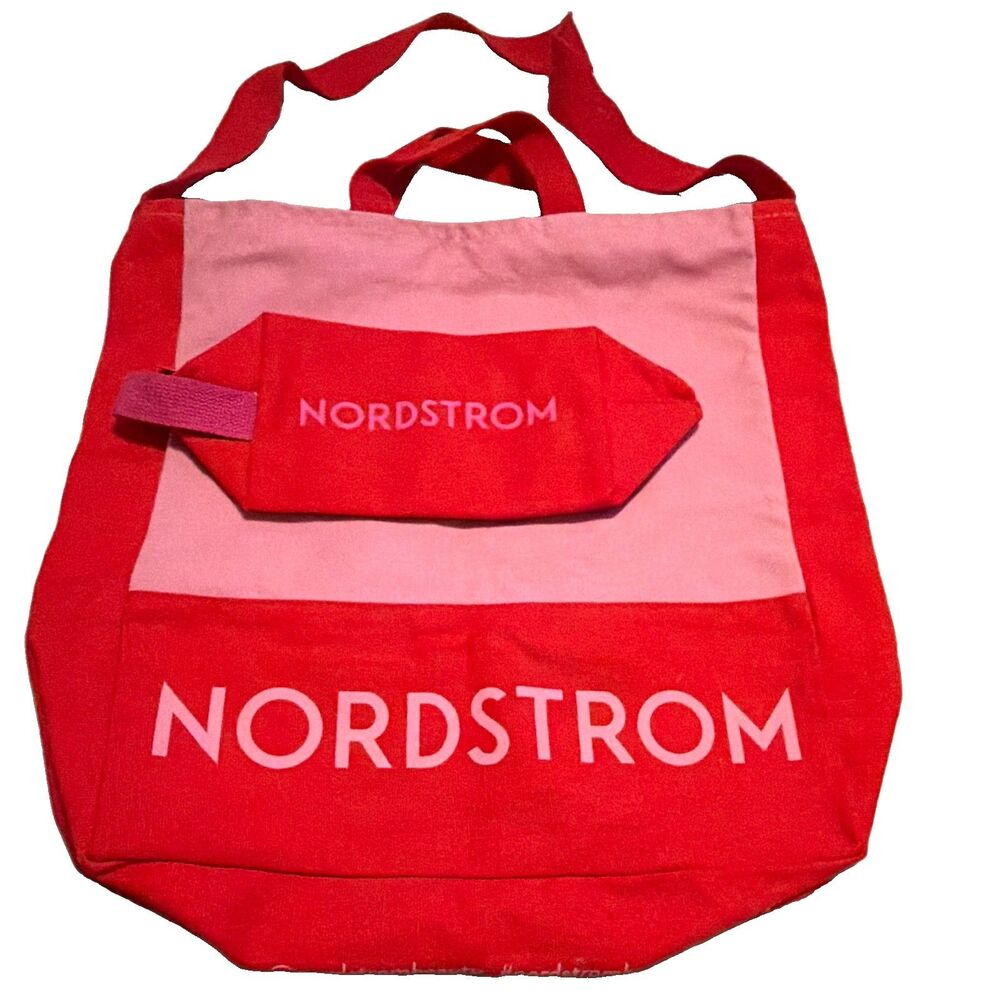 Nordstrom Beauty Canvas Tote Bag & Matching Cosmetic Pouch Set – Red/Pink NWOT